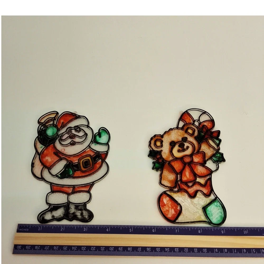 Vintage Plastic Suncatcher Christmas Ornaments Santa Claus Teddy Bear n Stocking